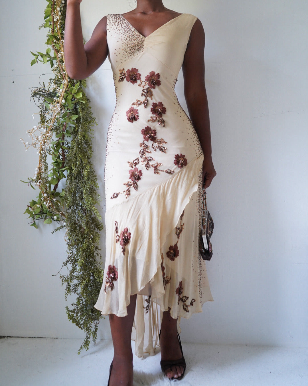 Vintage Y2K Cream and Brown Floral Beaded Dress