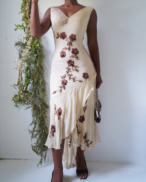 Vintage Y2K Cream and Brown Floral Beaded Dress