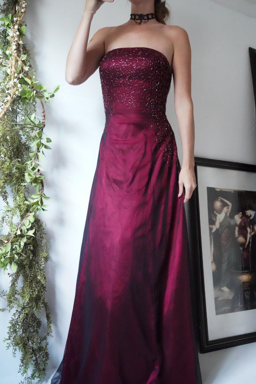 Vintage Black and Red Layered Strapless Gown