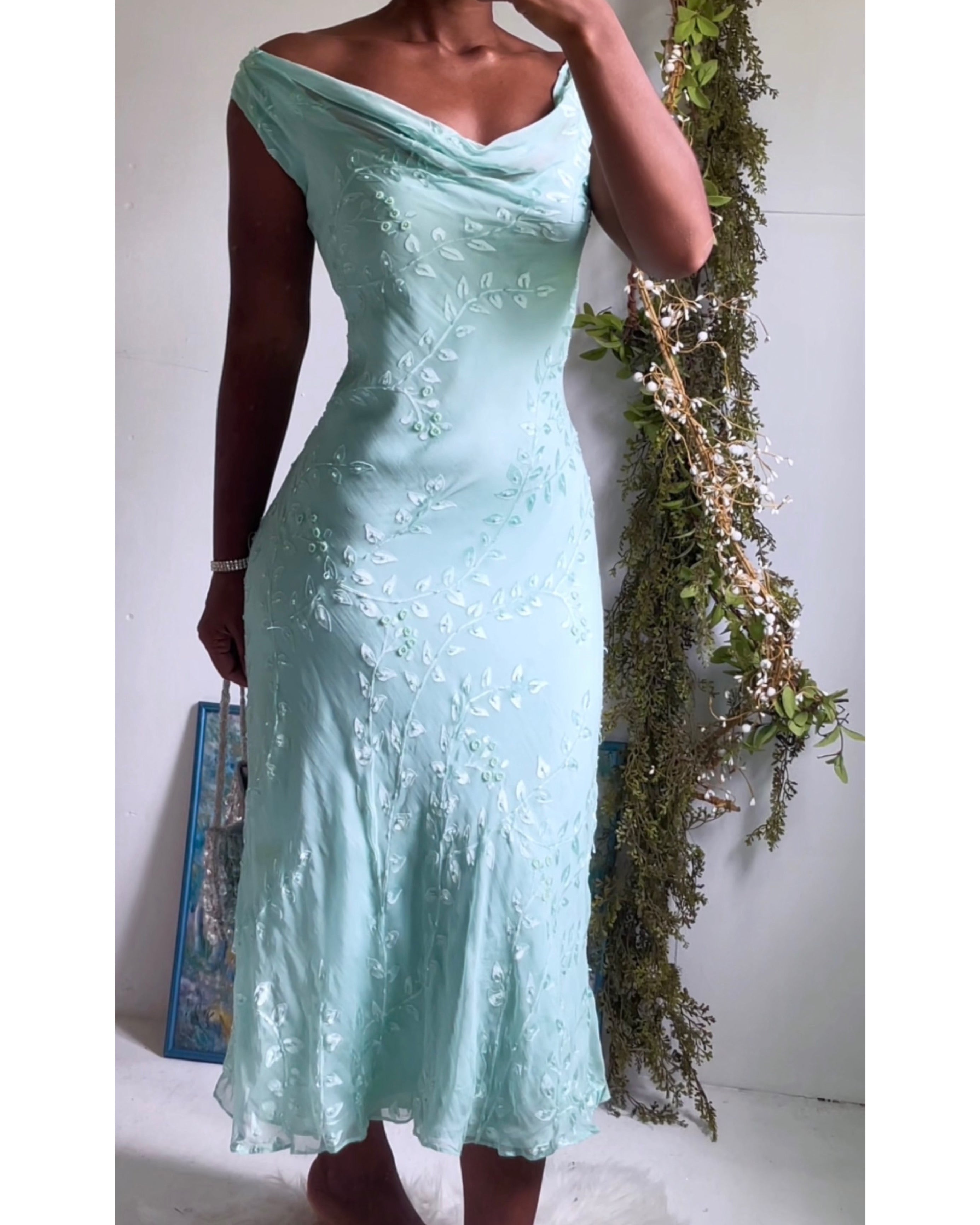 Y2K Light Aqua Beaded Silk Dress