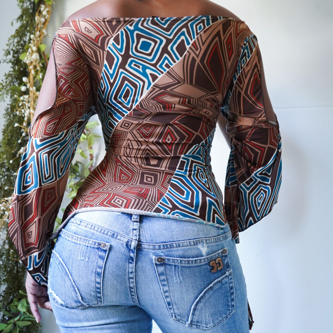 Abstract Boho Flare Sleeve Off Shoulder Top