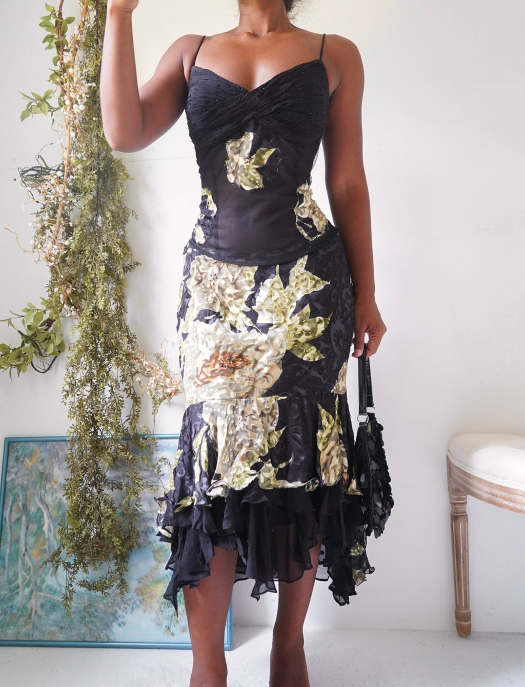 Y2K Black 2 Piece Devore Silk Skirt Set