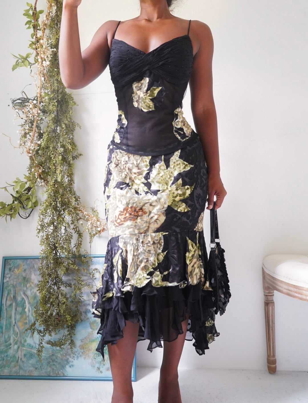 Y2K Black 2 Piece Devore Silk Skirt Set