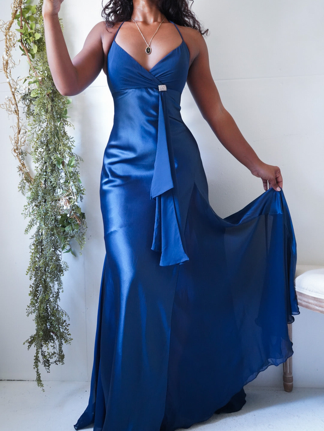 Y2K Navy Blue Satin Halter Godet Skirt Gown