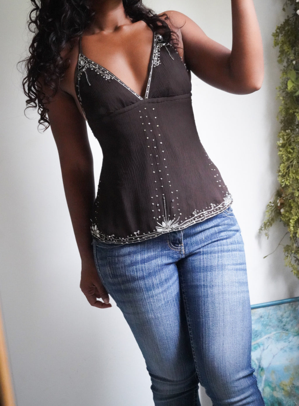 Y2K Beaded Detail Brown Silk Halter Top