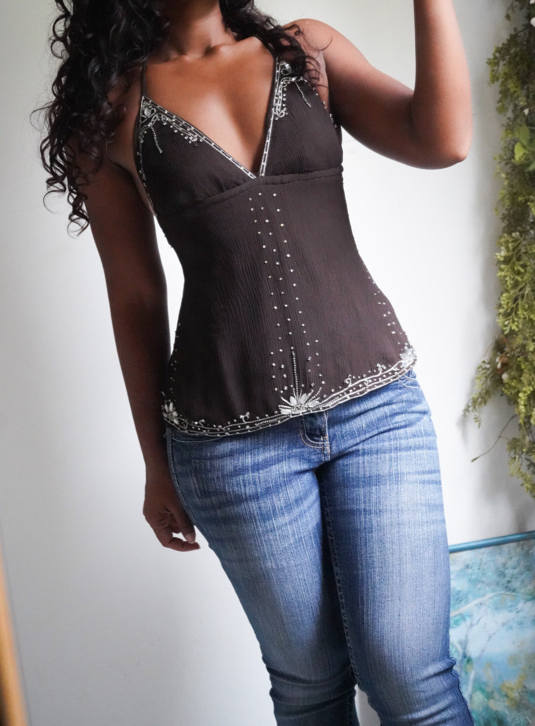 Y2K Beaded Detail Brown Silk Halter Top