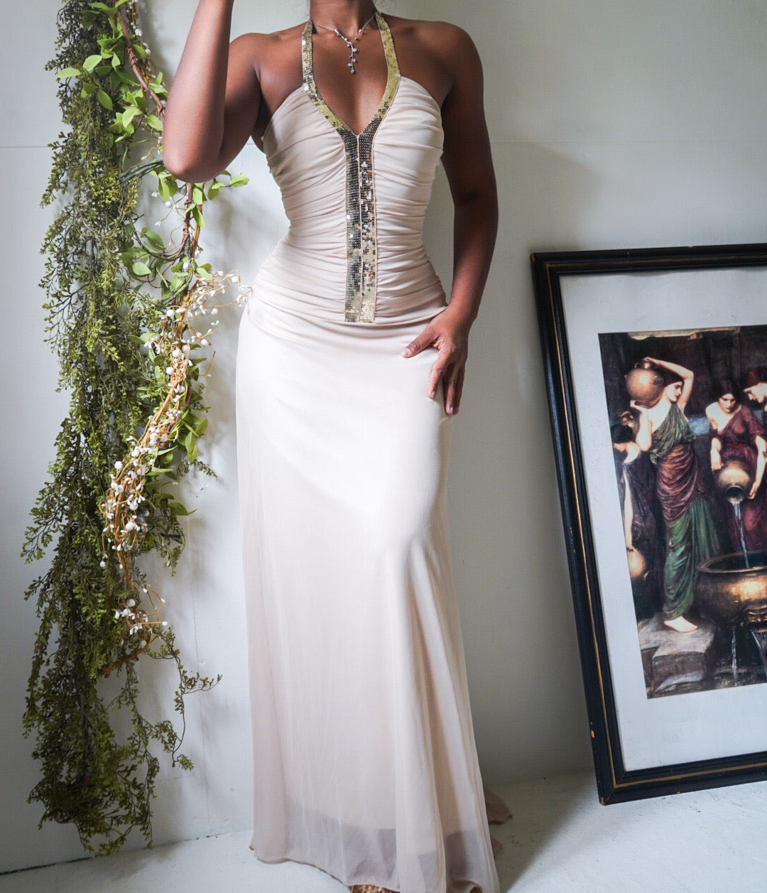 Cream Ruched Halter Gown