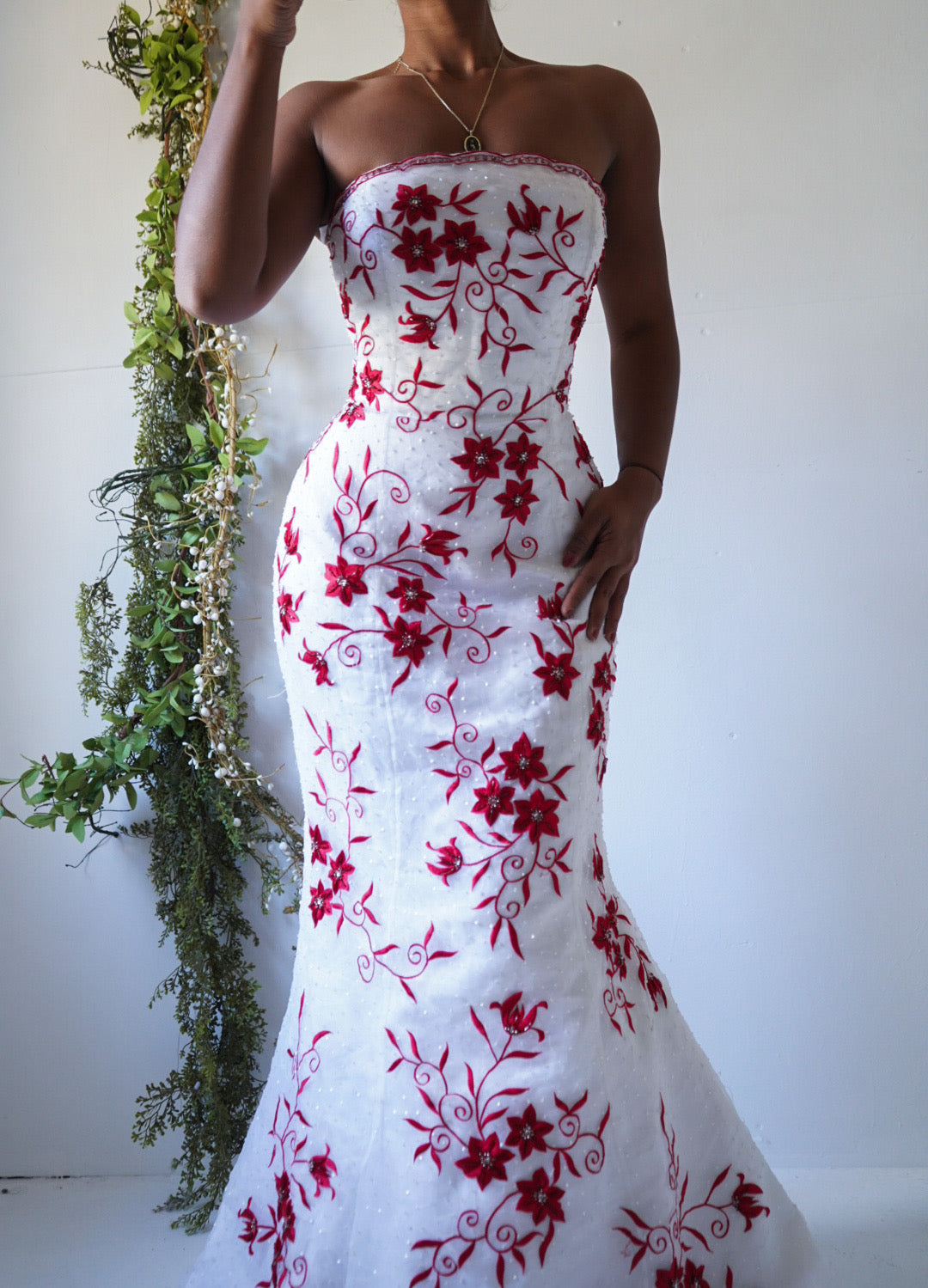 Y2K Strapless Red and White Embroidered Beaded Gown