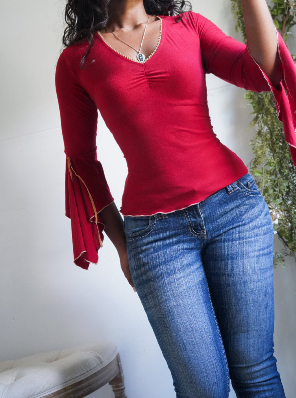 Y2K Bright Red Trumpet Sleeve Top