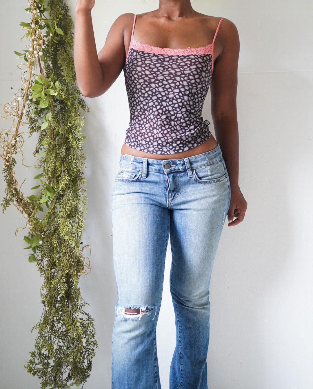 Y2K Animal Print Lace Trim Mesh Cami