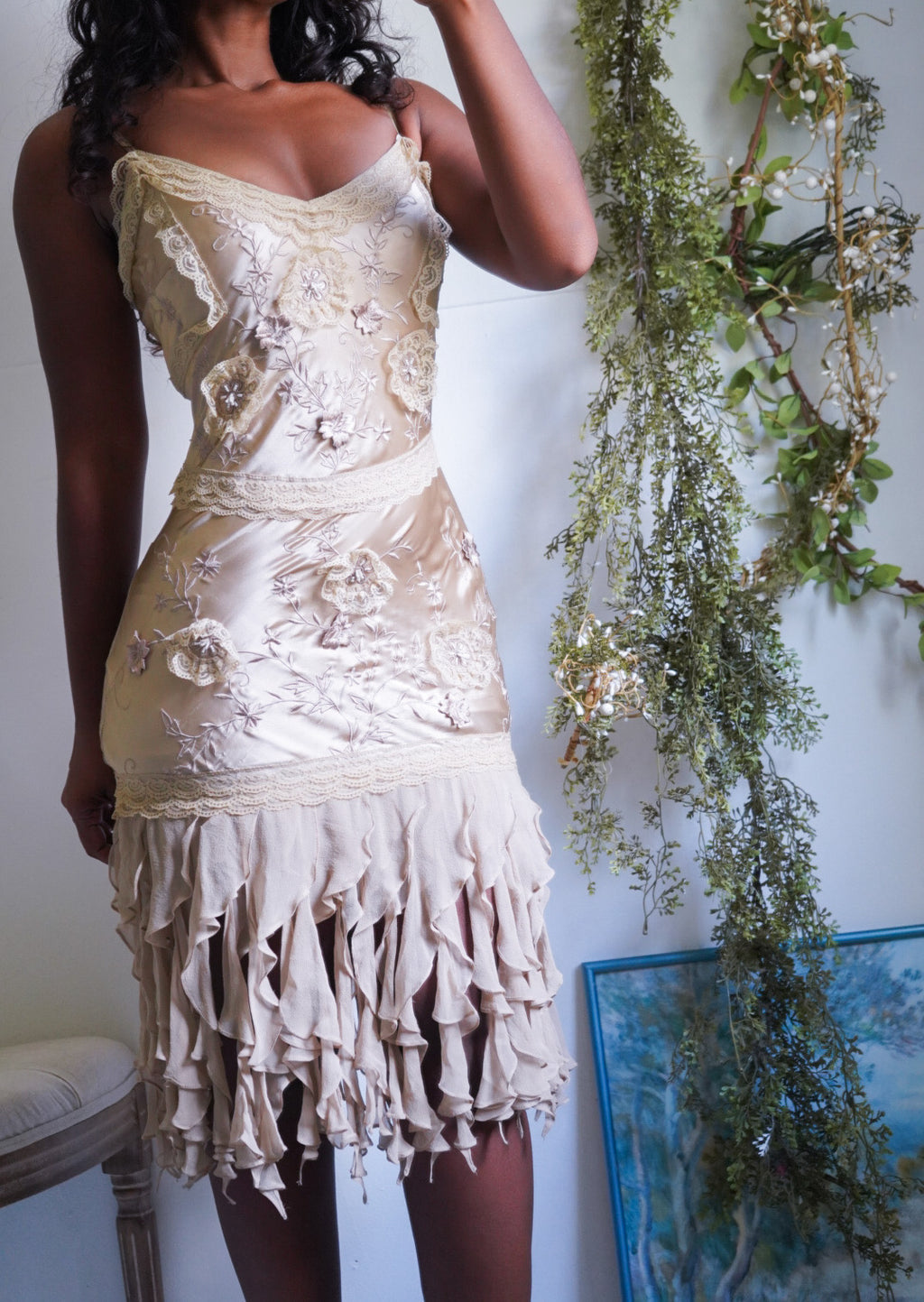Y2K Champagne Silk Charmeuse Beaded Dress