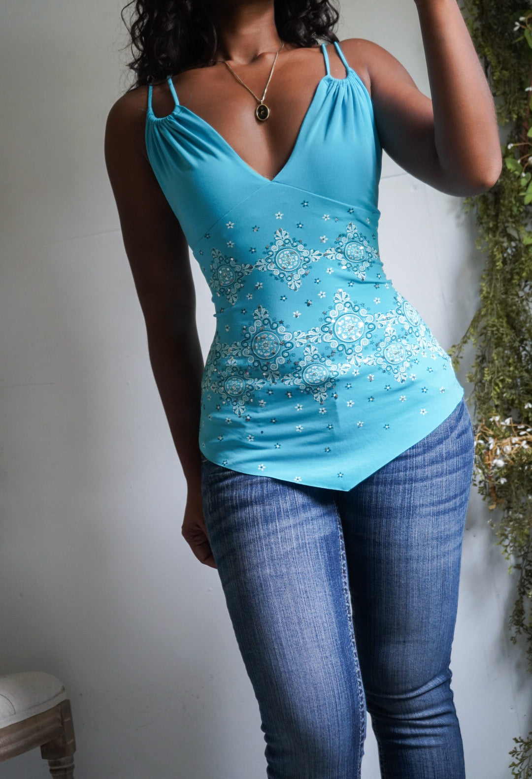 Y2K Turquoise Boho Print Hanky Hem Cami
