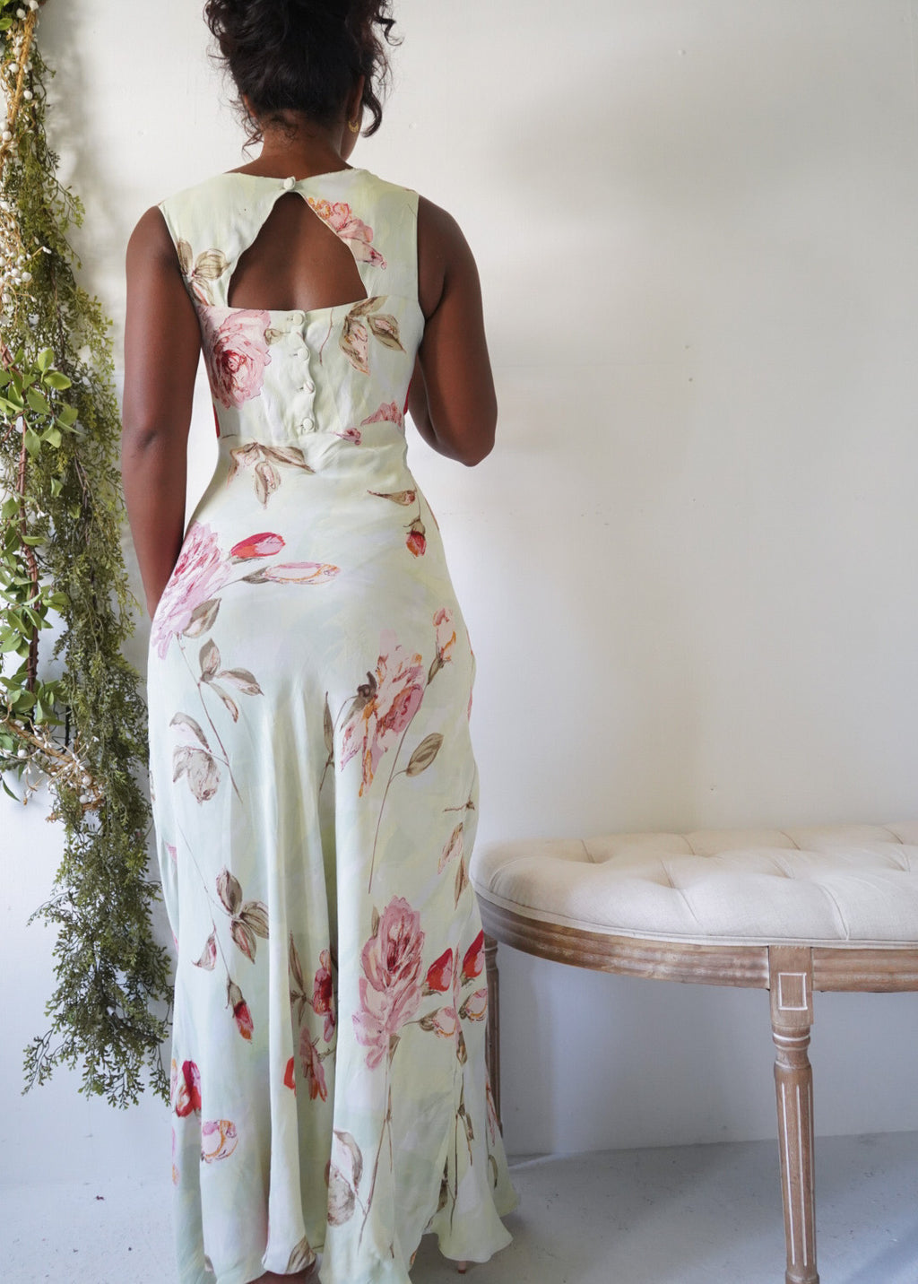 Y2K Romantic Green Rose Maxi Dress