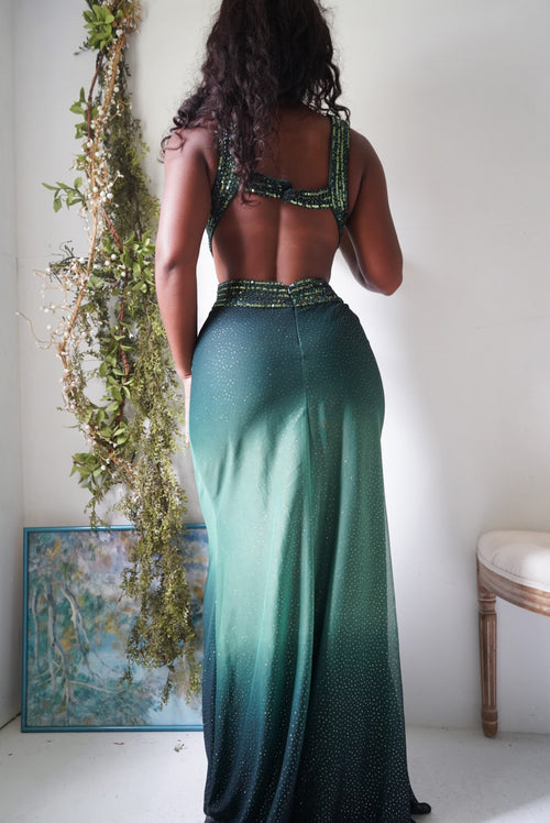Y2K Green Gradient Glitter Halter Gown