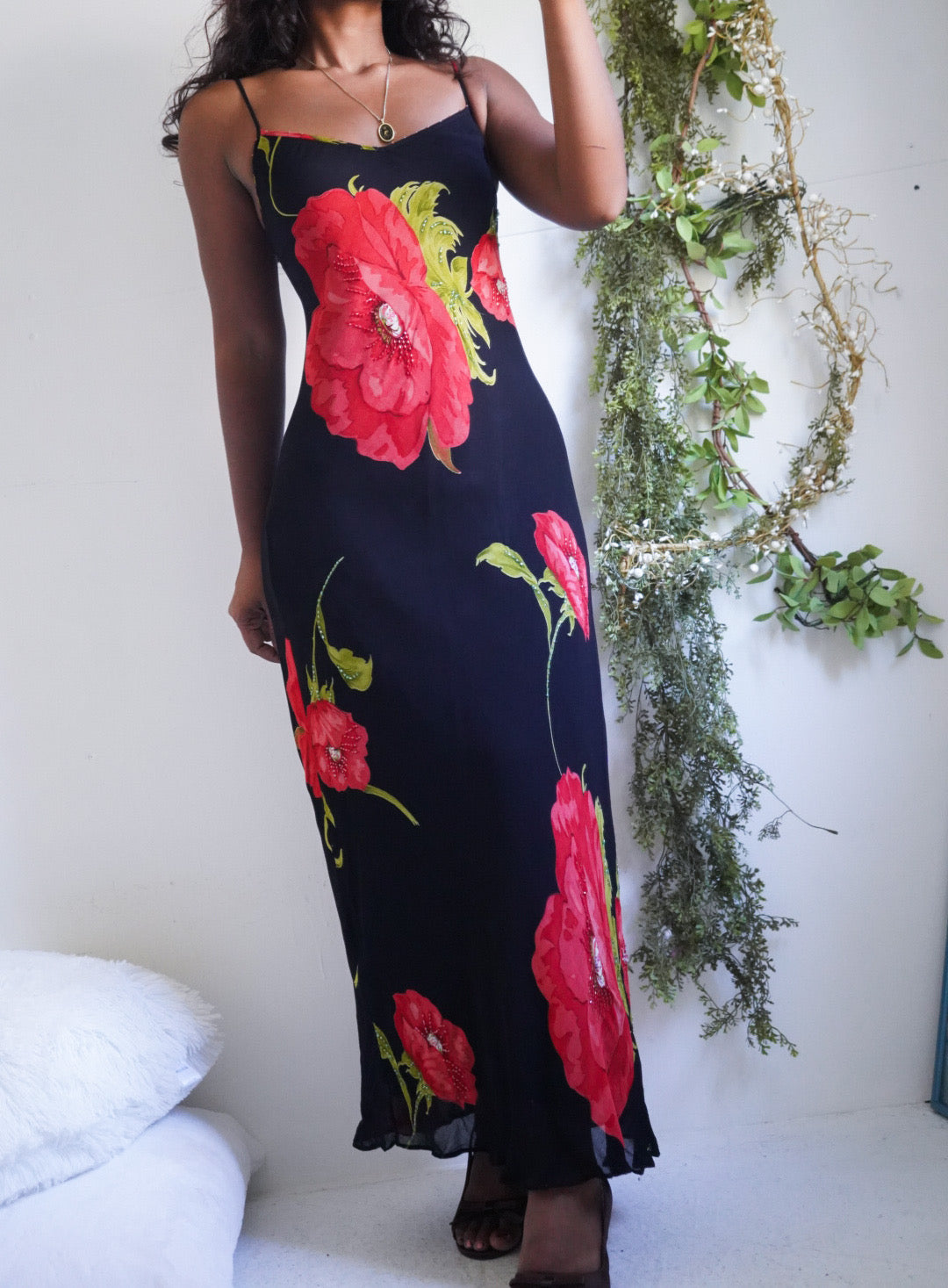 Y2K Black Maxi Slip With Red Beaded Flowers