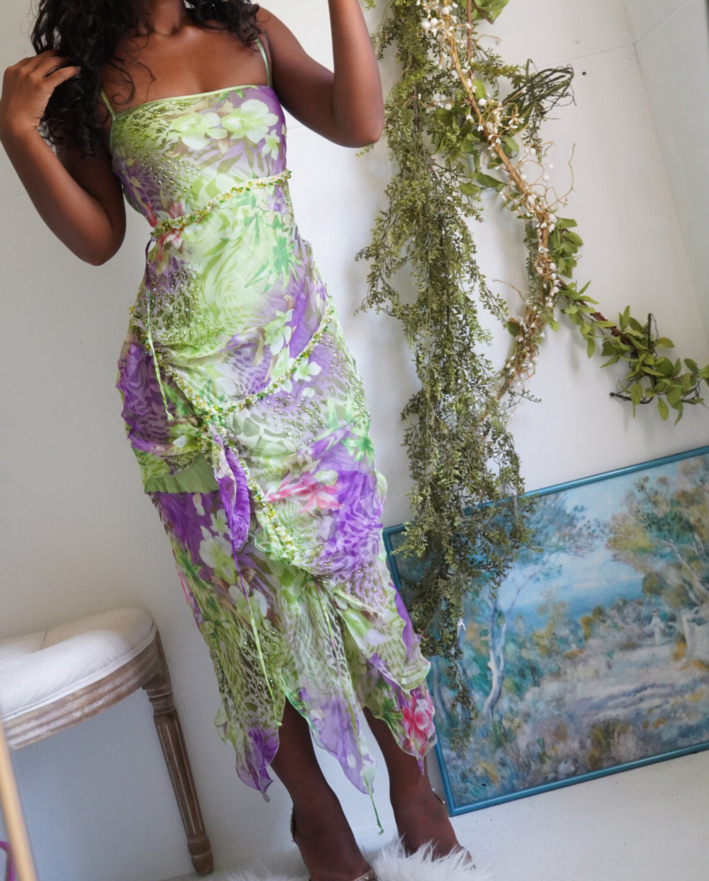 Rare Vintage Y2K Silk Beaded Animal and Floral Print Fairy Dress