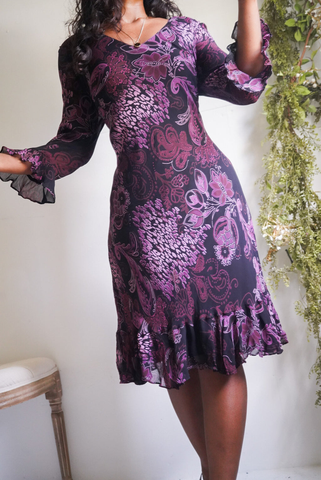 Purple and Black Paisley Floral Y2K Ruffle Sleeve Dress