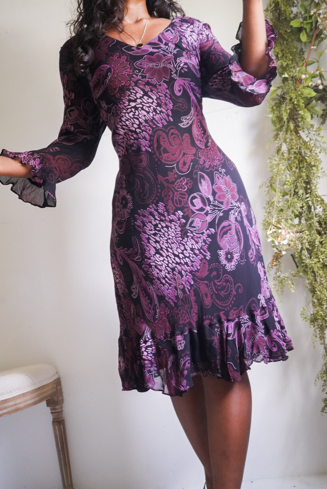 Purple and Black Paisley Floral Y2K Ruffle Sleeve Dress