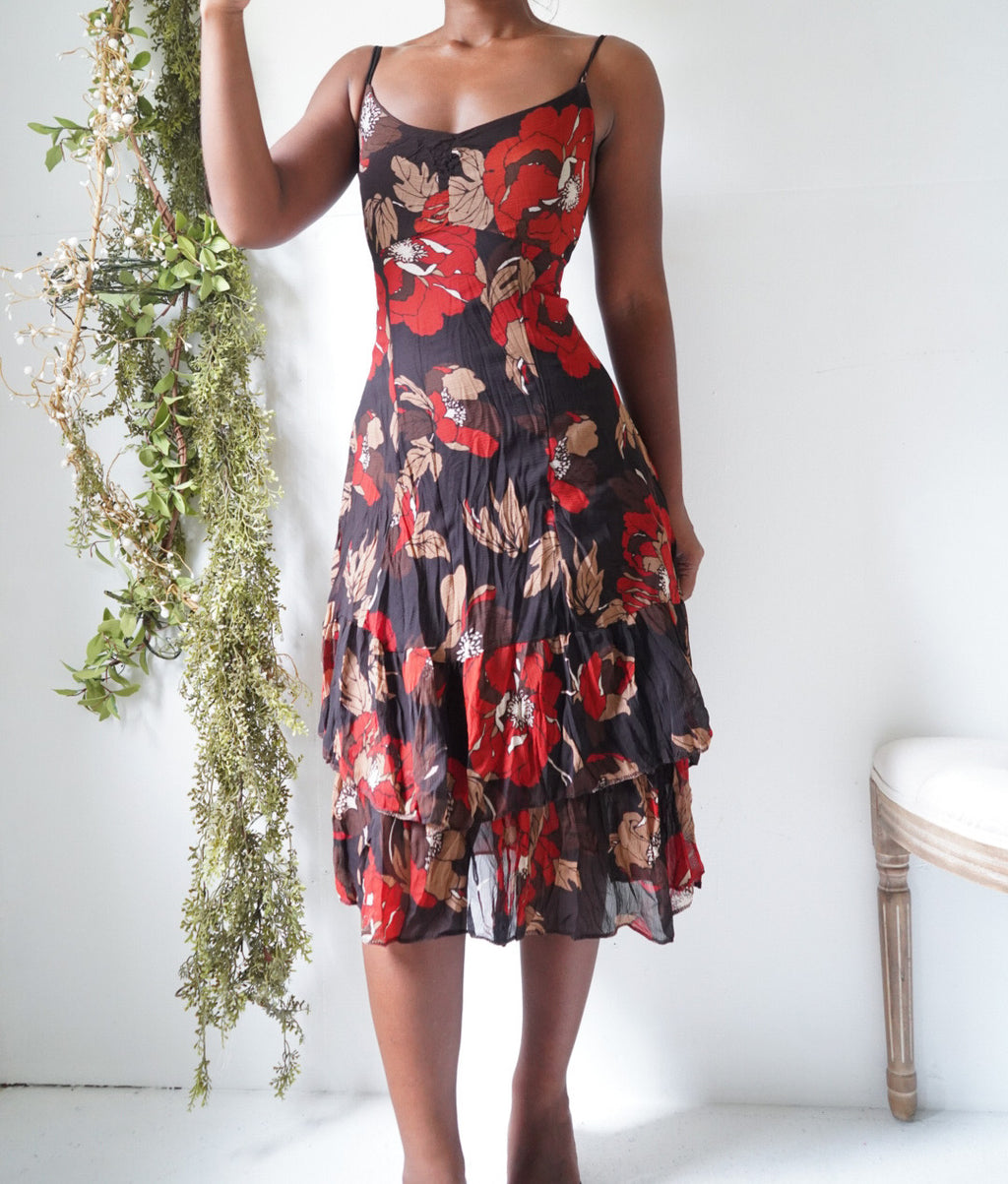 Y2K Dark Brown Autumn Floral Crinkle Dress