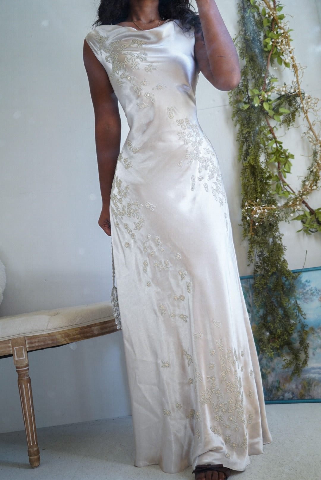Rare Vintage Pearl Liquid Satin Beaded Gown
