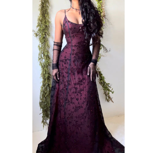 Black and Red Beaded Layered Gown