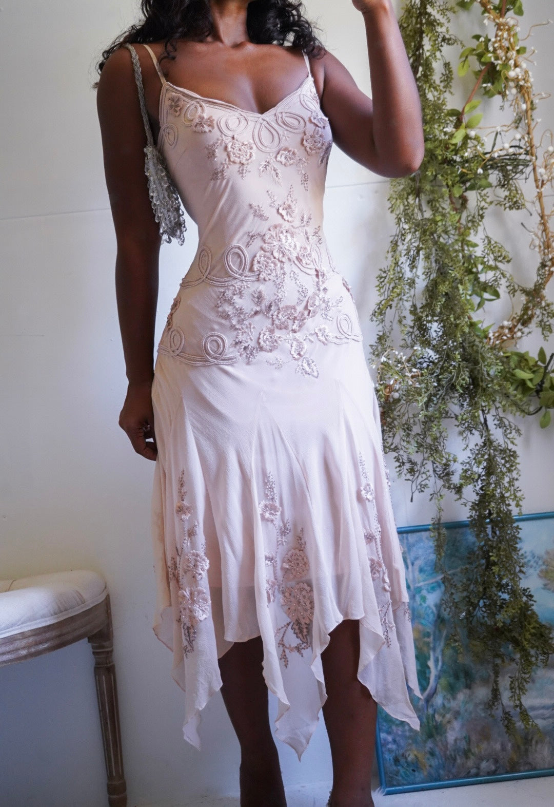 Y2K Light Blush Nude Fairy Hem Beaded Silk Dress
