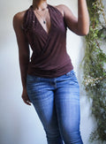 Y2K Brown Embellished Low Cut Halter Top