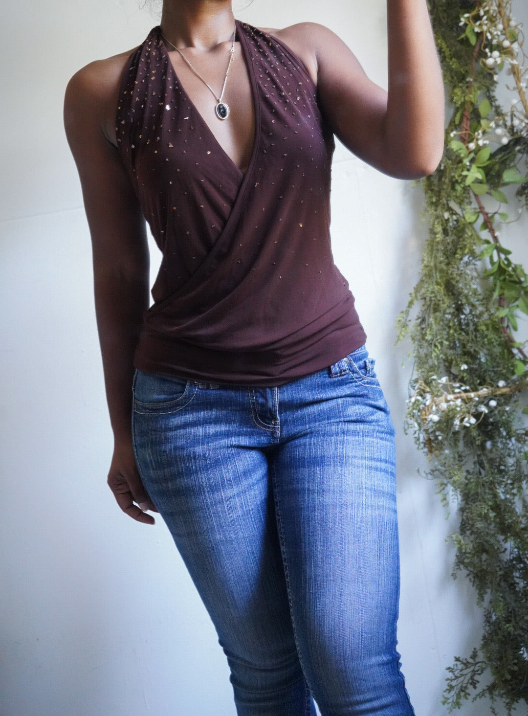 Y2K Brown Embellished Low Cut Halter Top