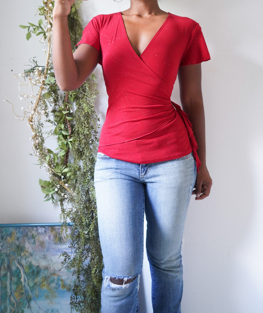 Y2K Red Sparkle Crossover Top