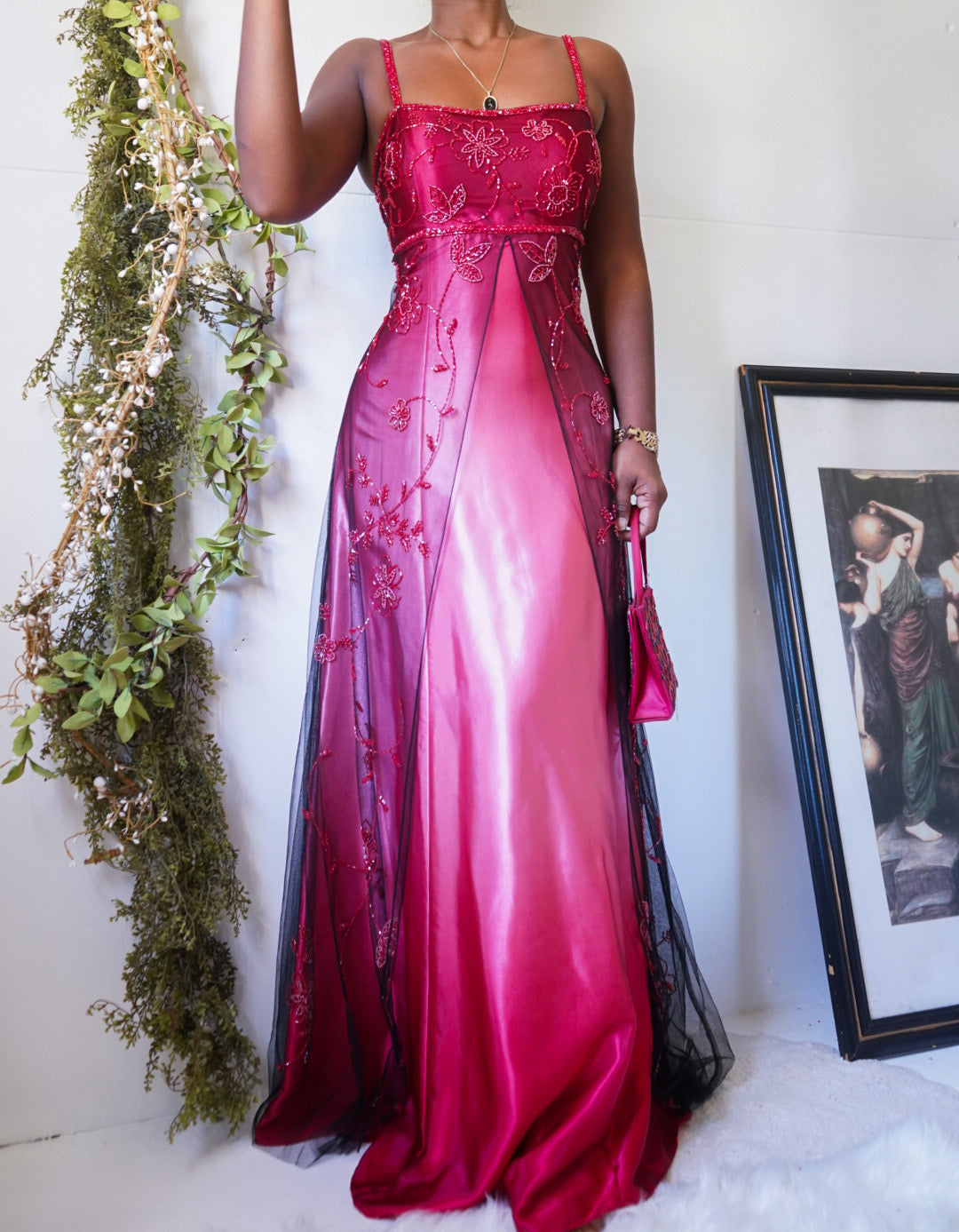Split Front Red and Black Beaded Formal Dress