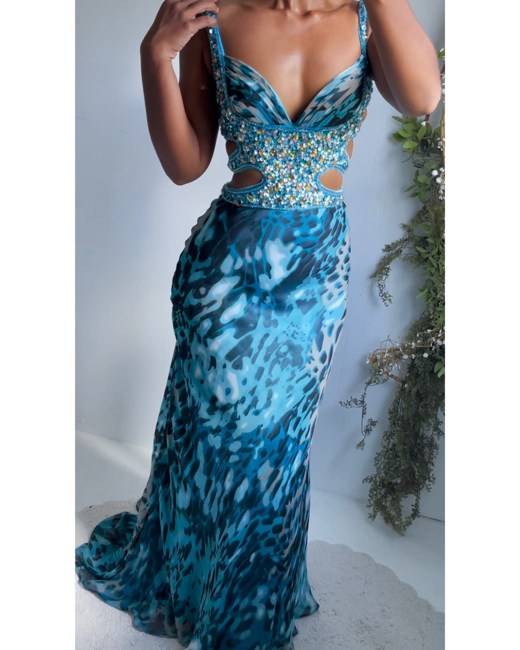 Abstract Animal Print Lace Up Back Gown