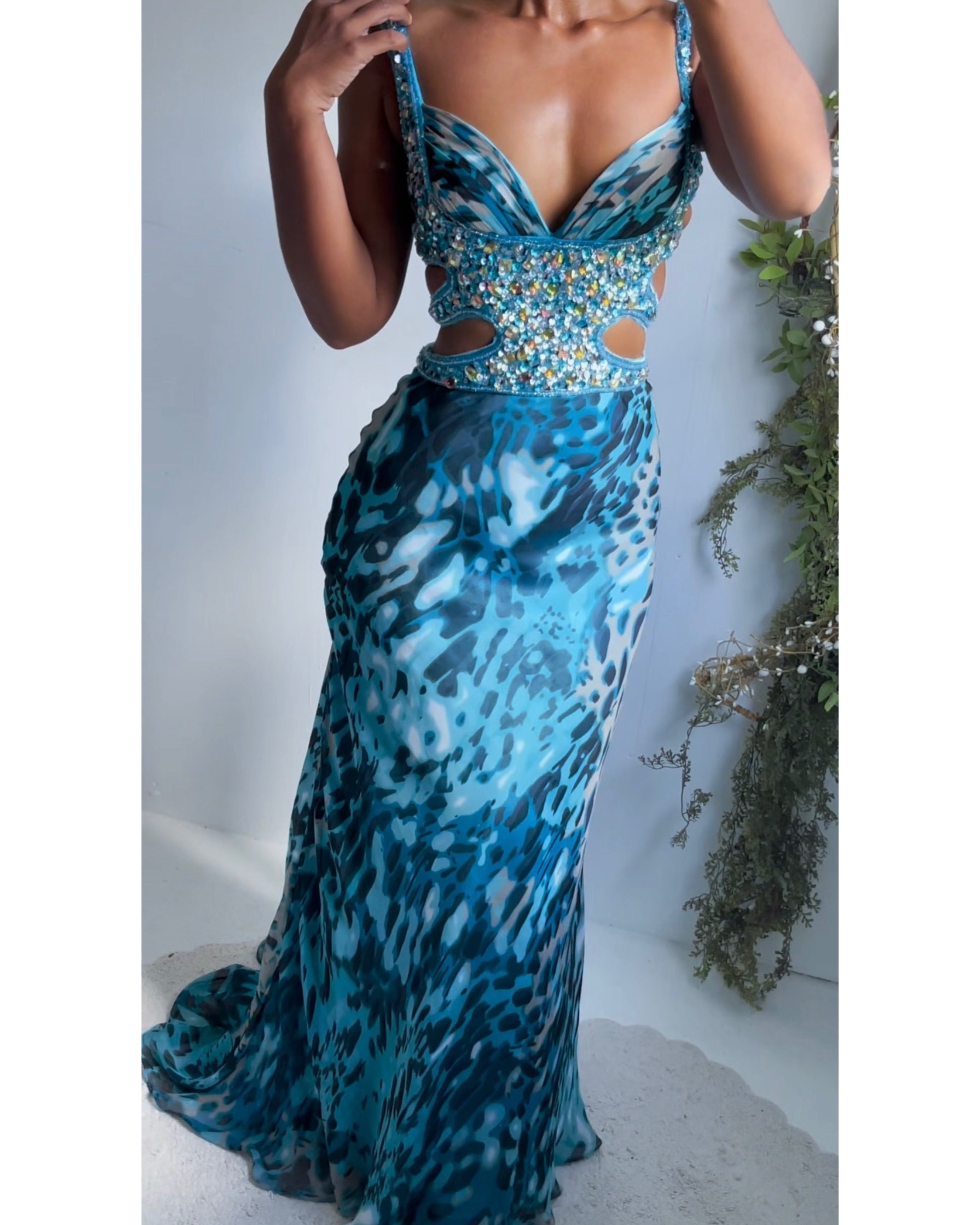 Abstract Animal Print Lace Up Back Gown