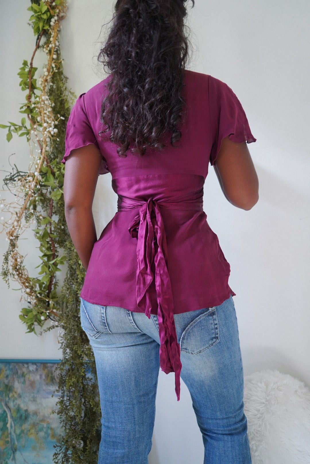 Y2K Purple Silk Flutter Sleeve Top
