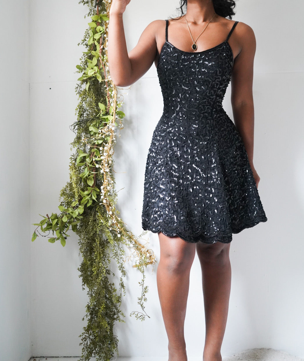 Vintage Y2K Black Silk Sequin Mini Dress