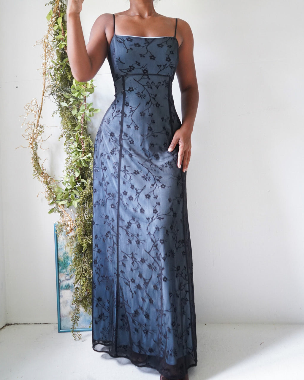 Vintage Y2K Baby Blue and Black Layered Floral Gown