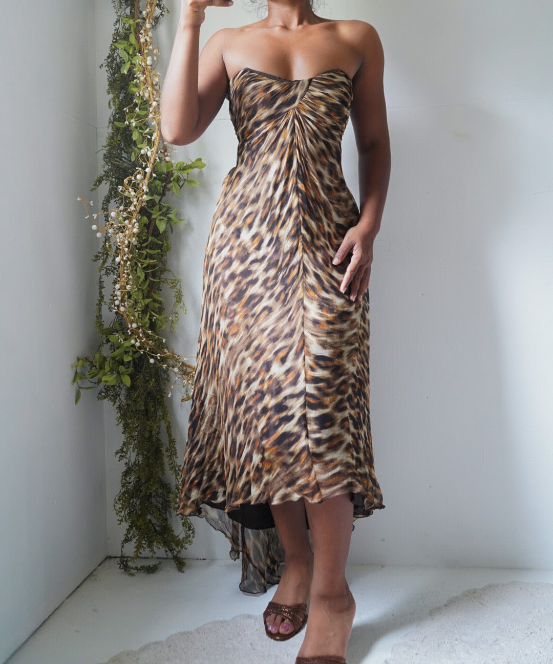Vintage Y2K Silk Animal Print Strapless Dress