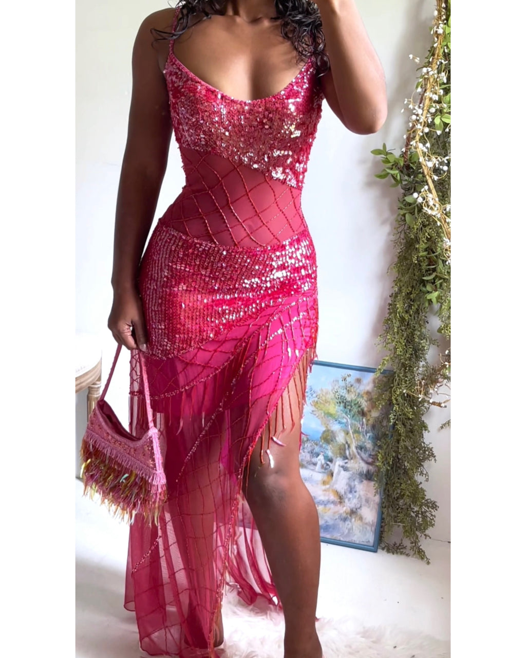 Y2K Sequin Mesh Deep Coral Pink Asymmetric Hem Dress