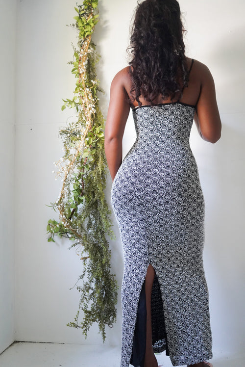 Y2K Monochrome Lace Knit Bodycon Maxi Dress