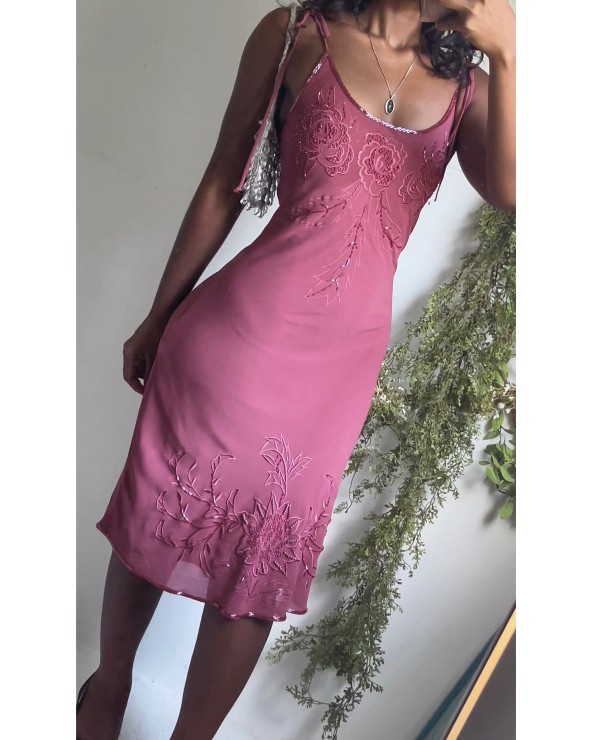 Y2K Mauve Pink Beaded Silk Blend Slip Dress