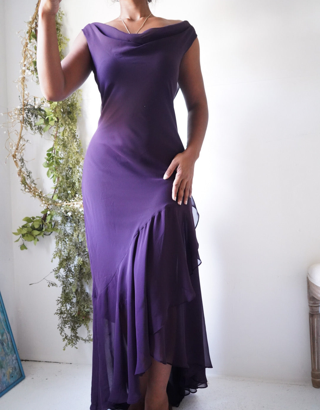 Y2K Eggplant Cowl Neck High Low Dress