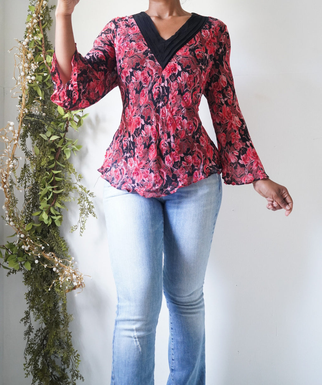 Y2K Beaded Rayon Floral Flare Sleeve Top