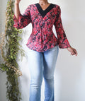 Y2K Beaded Rayon Floral Flare Sleeve Top