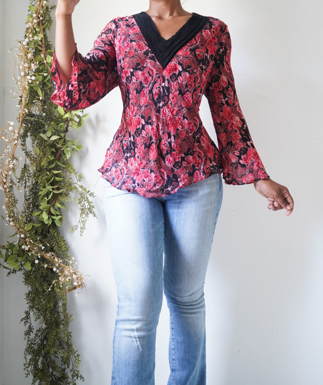 Y2K Beaded Rayon Floral Flare Sleeve Top