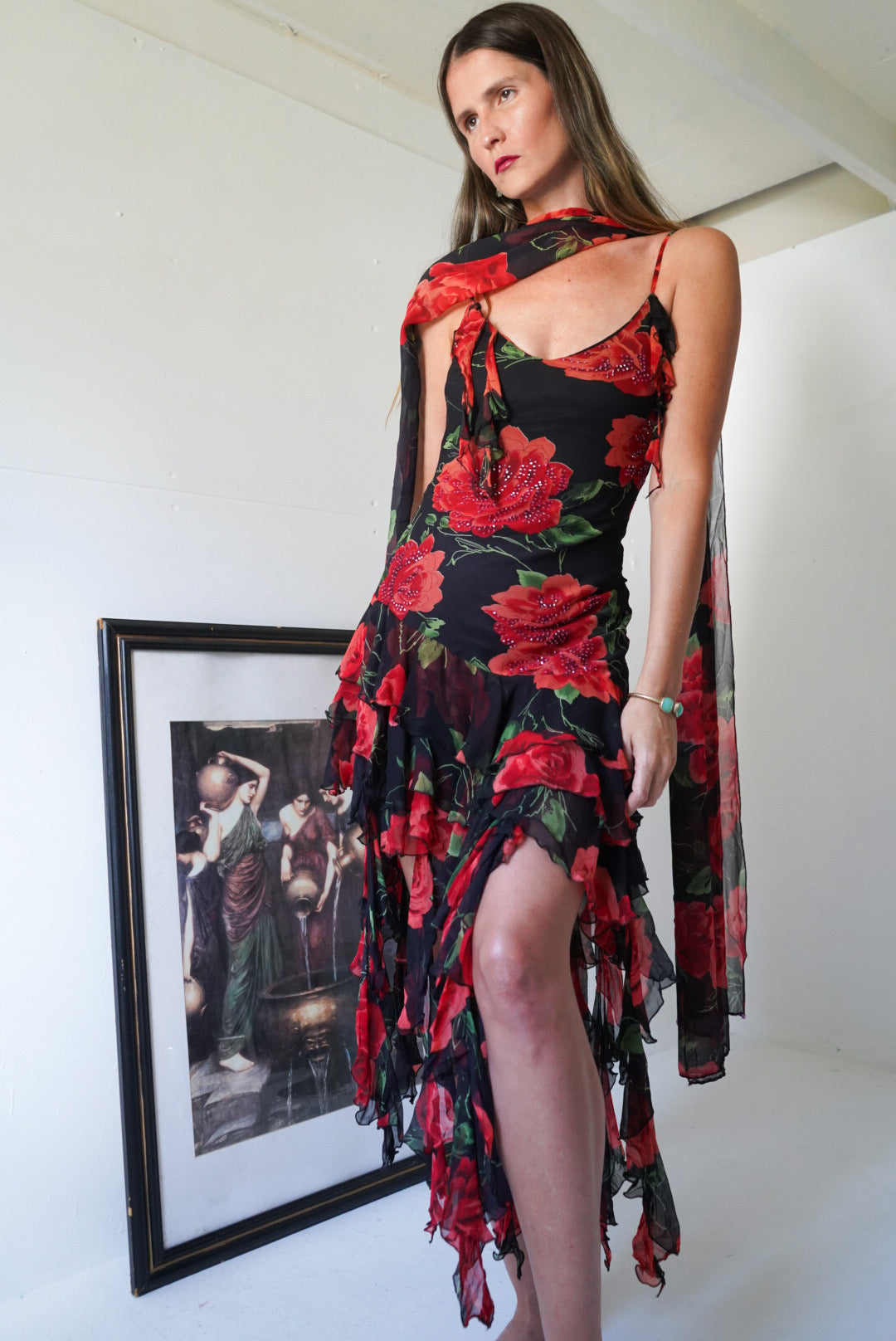 Rare y2k silk Rose mini dress with scarf🌹