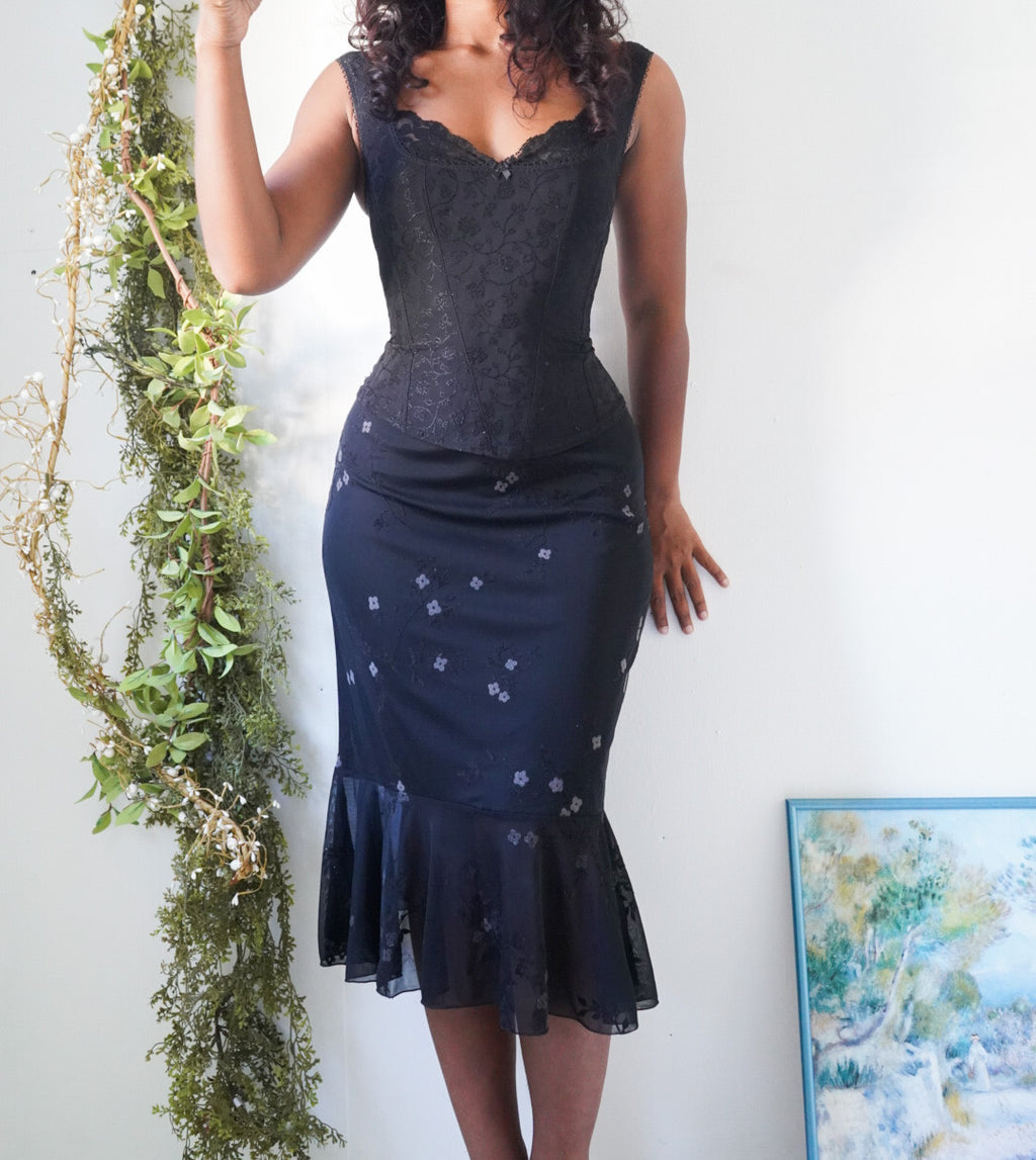 Y2K Flocked Glitter Floral Midi Skirt