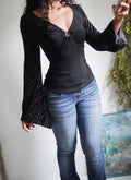 Y2K Black Flare Sleeve Keyhole Neckline Top