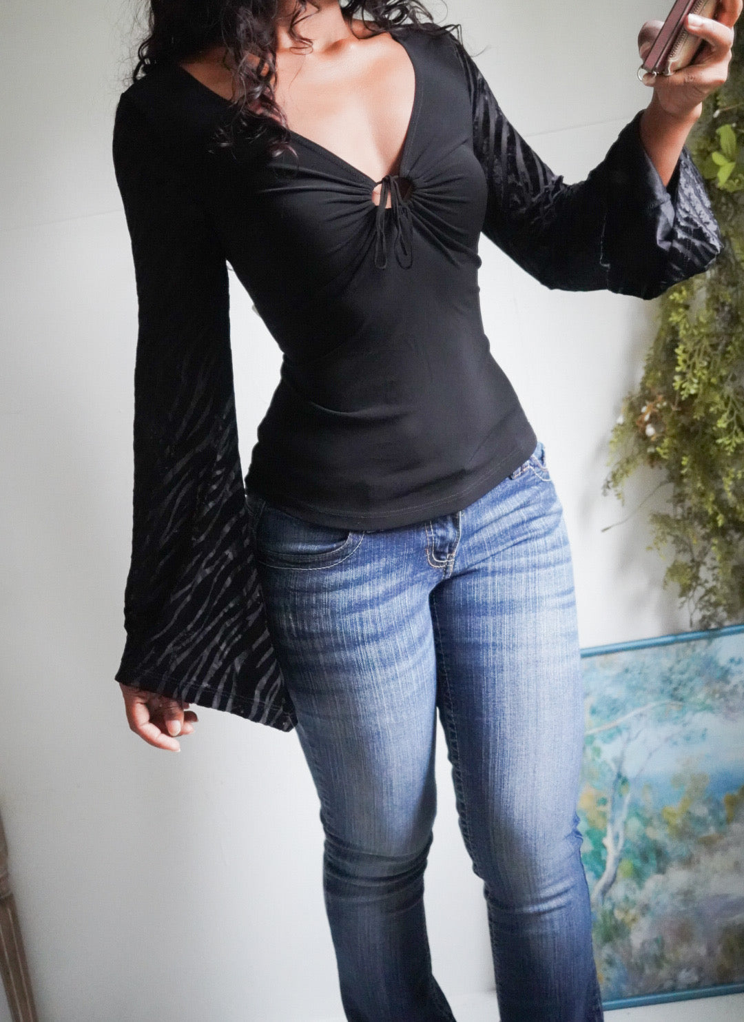 Y2K Black Flare Sleeve Keyhole Neckline Top