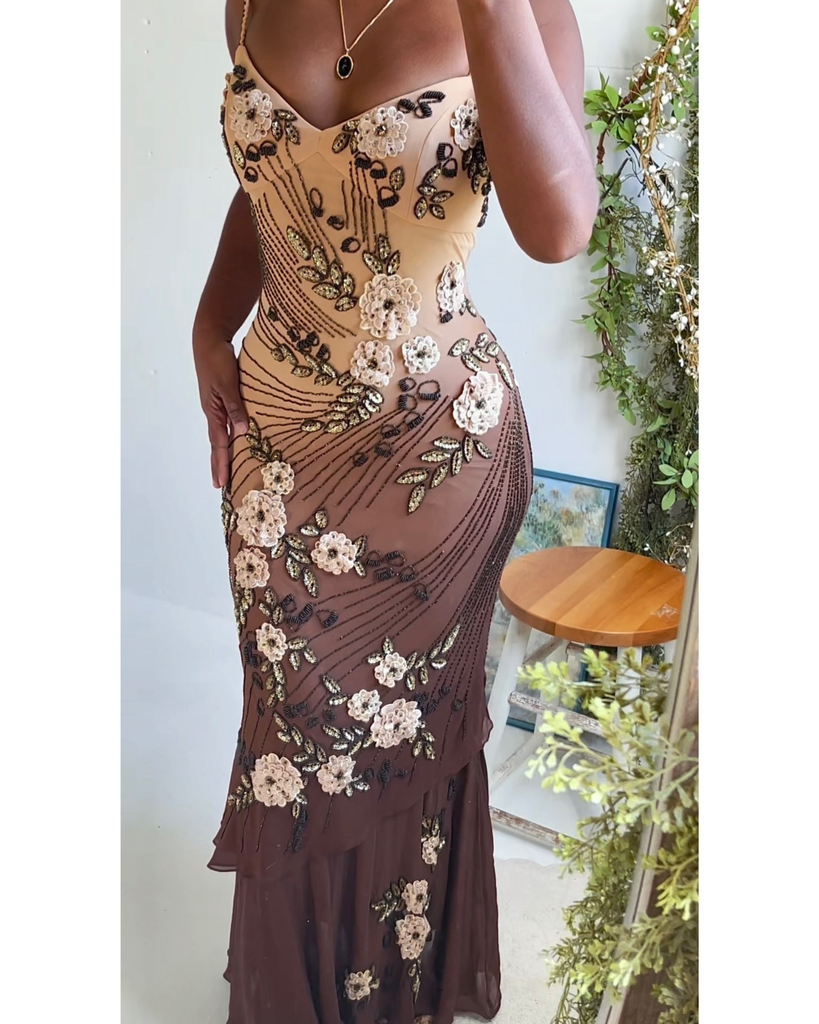 Ombre Tan & Brown Silk Beaded Gown