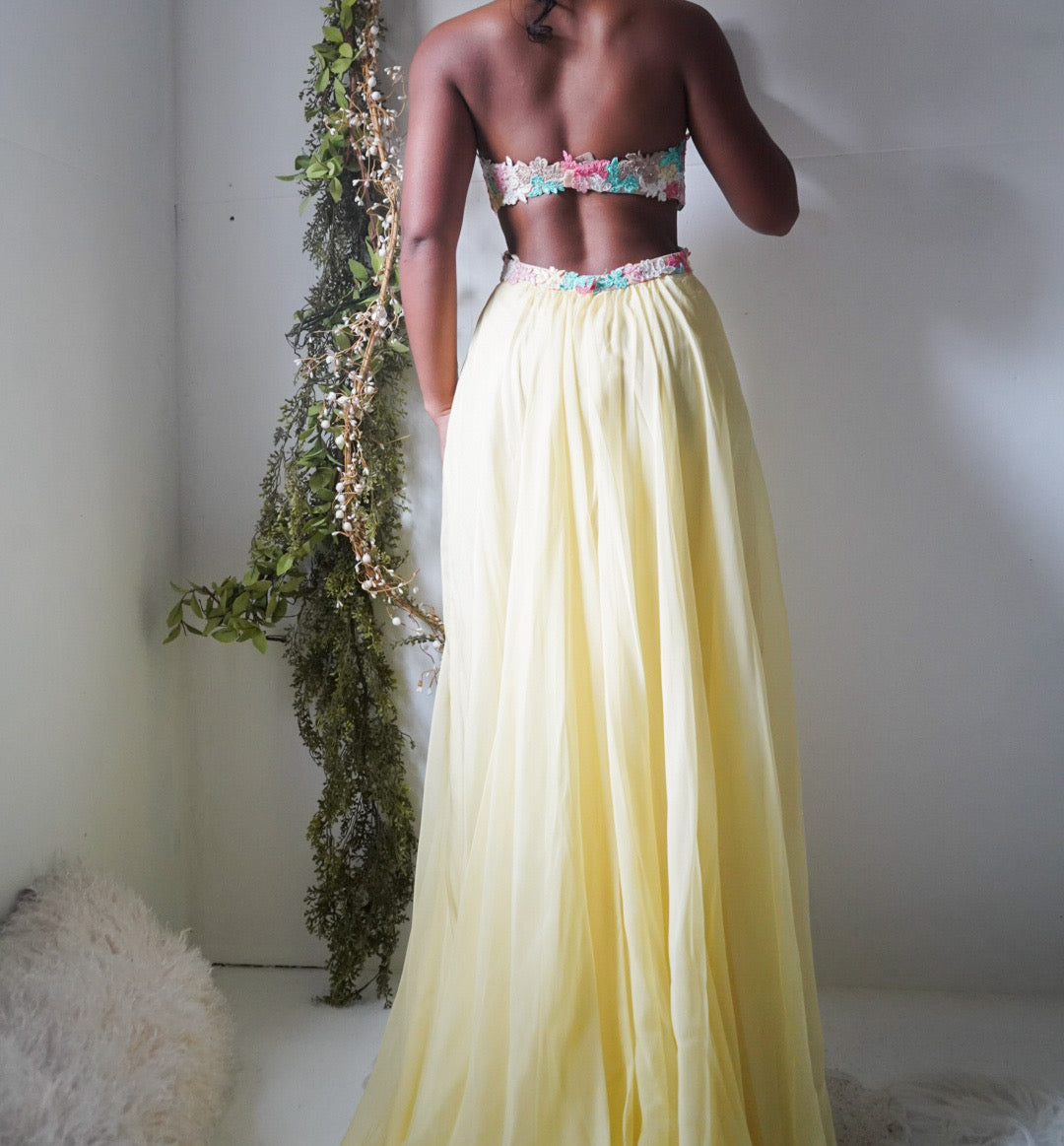Y2K Yellow Pastel Floral Strapless Fairy Gown