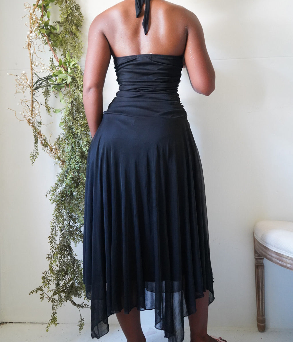 Y2K Rhinestone Trimmed Black Halter Fairy Dress
